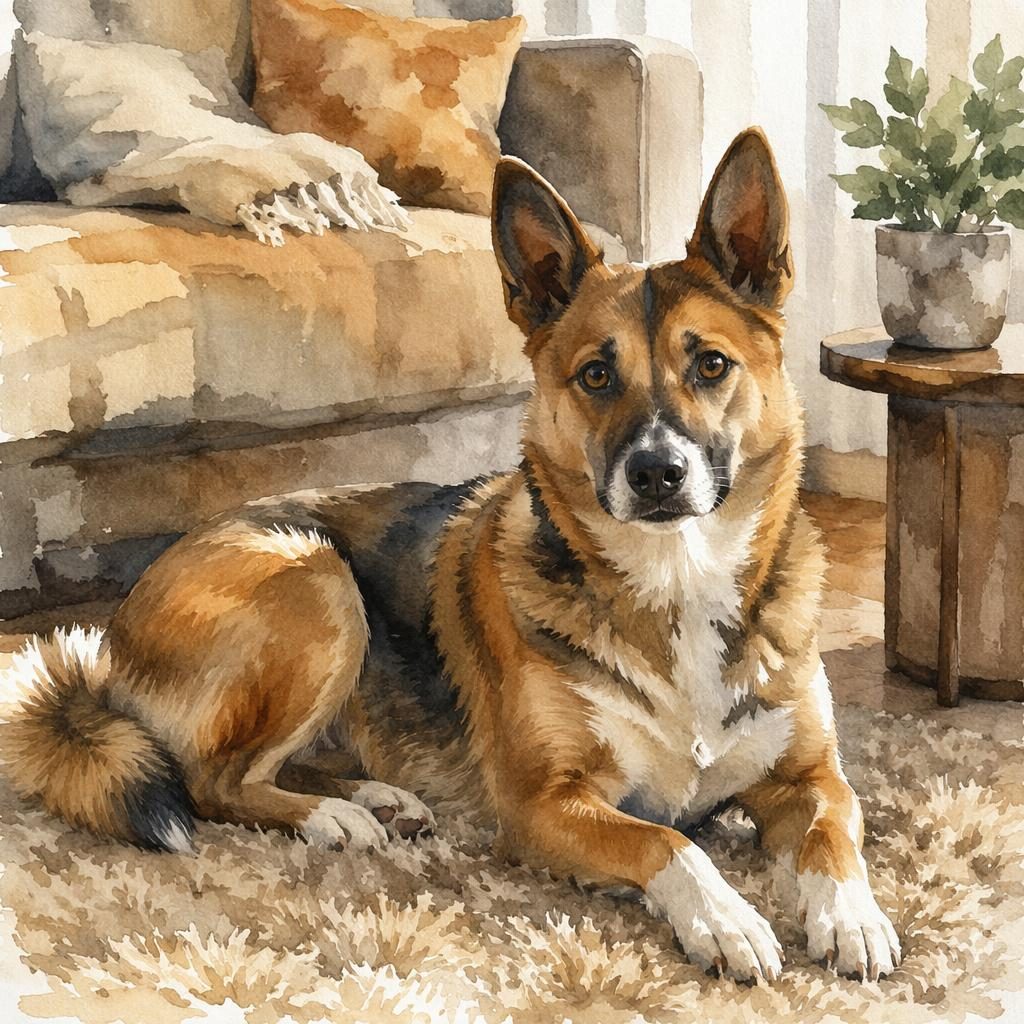 Senior Mischhund im Aquarellstil in einem gemütlichen Wohnzimmer, freundlich, entspannt, mit weichem Licht