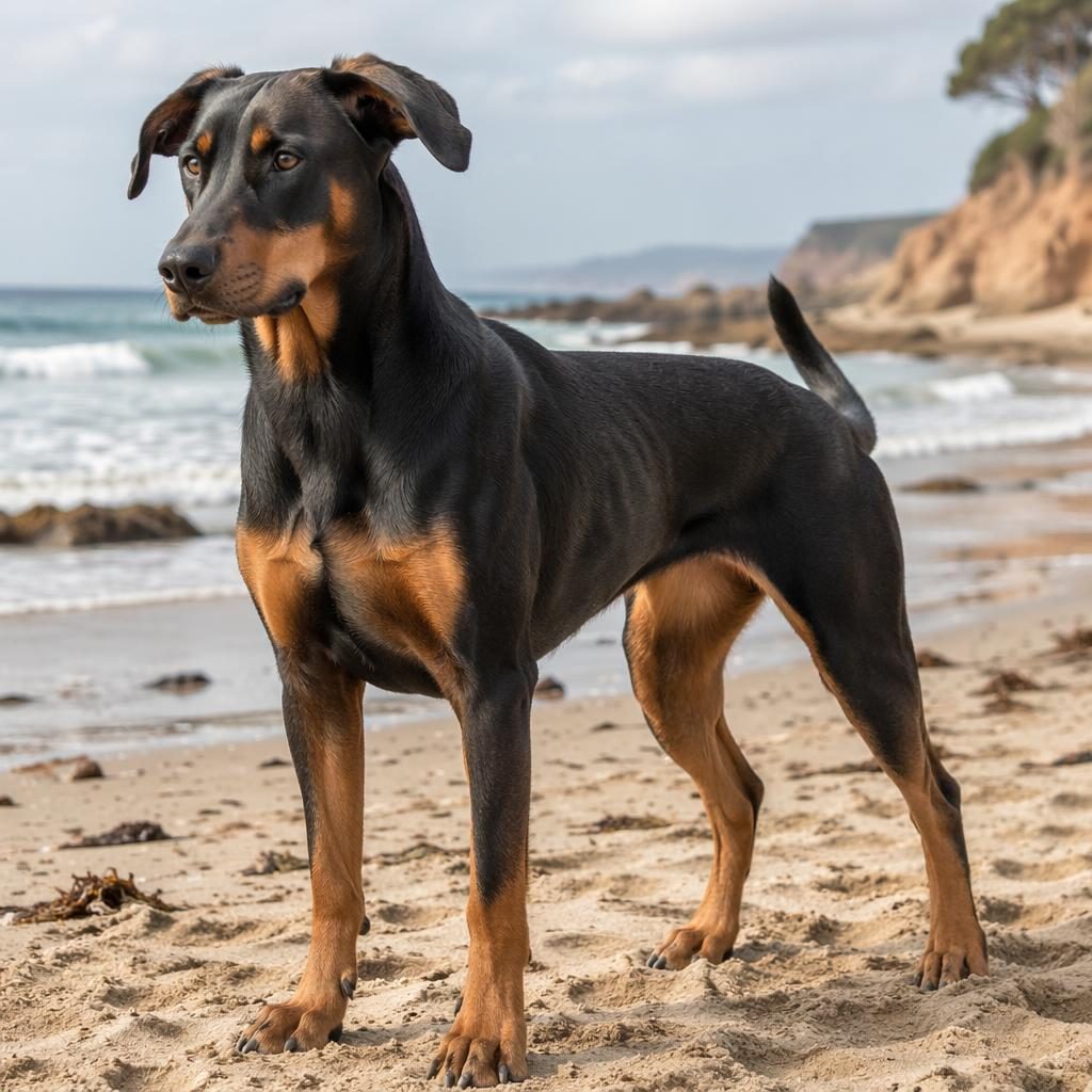 Photo-real beach illustration of a friendly mixed-breed dog with terrier and boxer traits, rare coat, soft light.