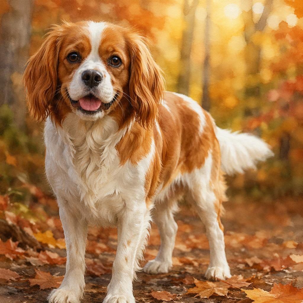 Senior mixed-breed dog with blended Vizsla and Bulldog traits in an autumn forest, watercolor style, relaxed pose