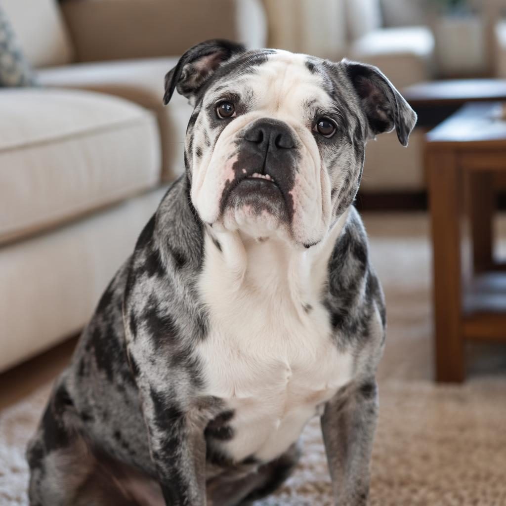 Perro senior tipo cruce bulldog ingles, relajado en un salón acogedor, pelaje mezclado y luz natural suave.