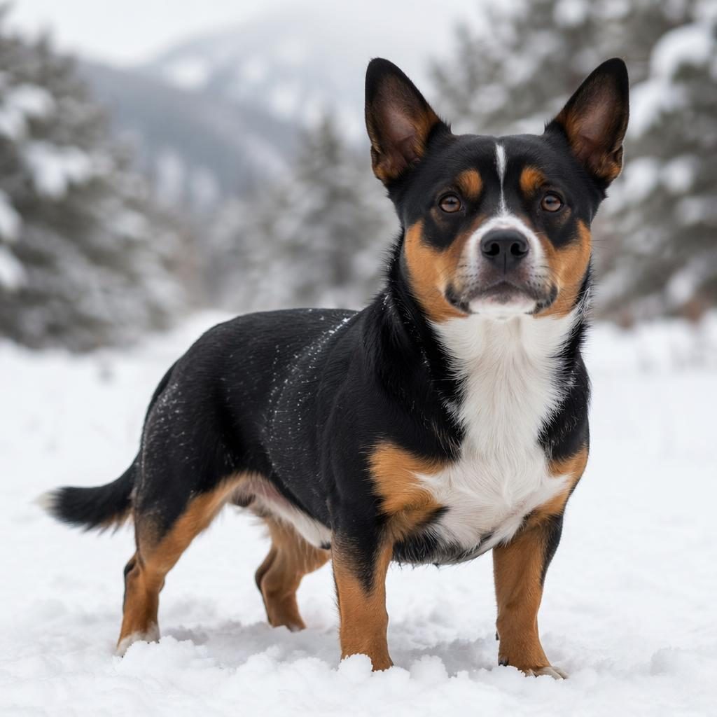 Editorial portrait of a single relaxed chihuahua and french bulldog mix dog standing in a snowy landscape