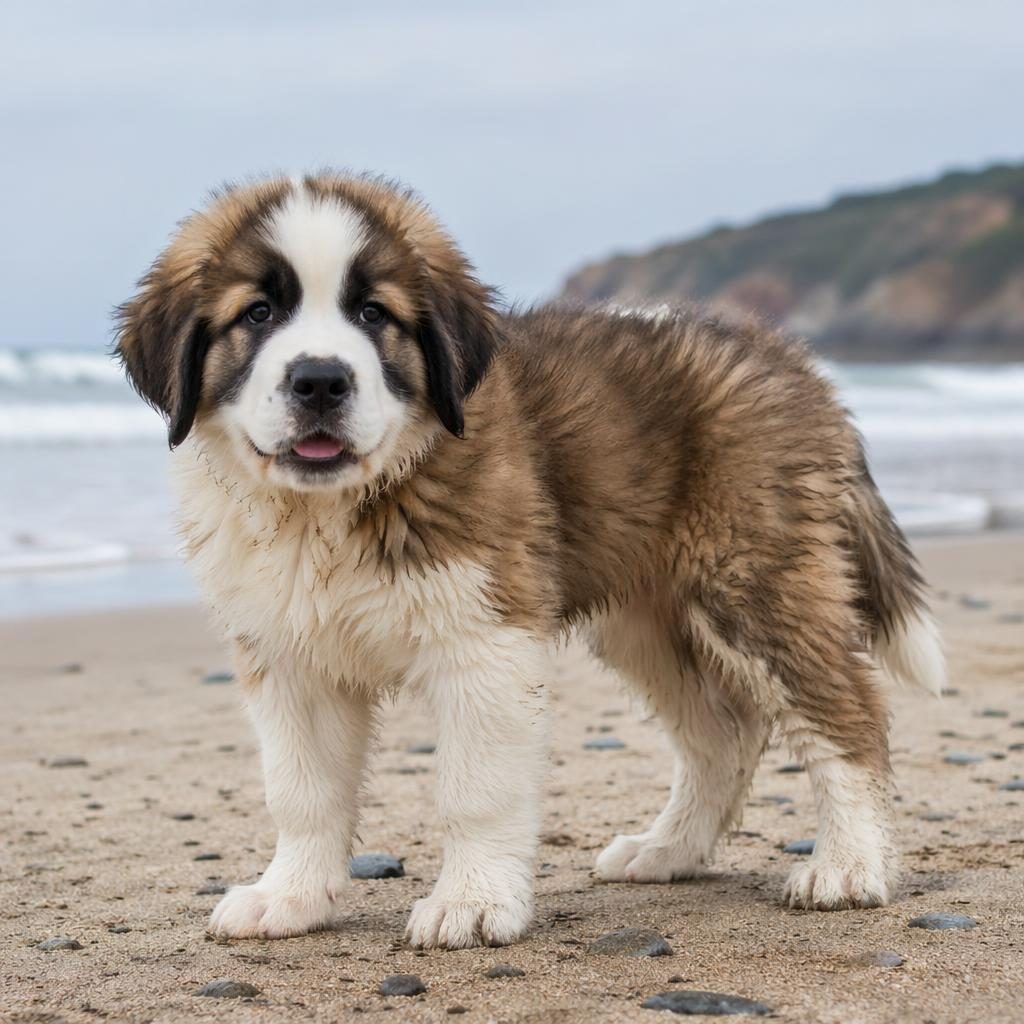 Kleiner St. Bernard-Malamute-Welpe am Strand, entspannt, mit dichtem Fell, natürlichem Licht und scharfem Fokus