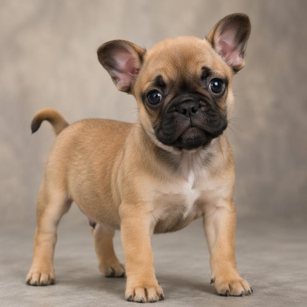 Studio portrait of a relaxed puppy mixing Chihuahua and Boxer traits on a soft neutral background.