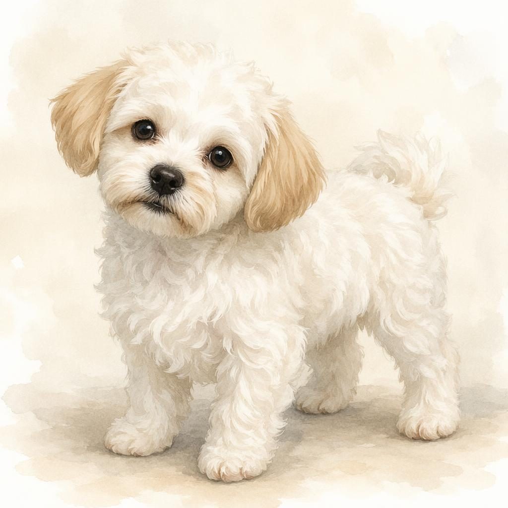 Ein einzelner, entspannter Welpe als bichon frisé mischling im Aquarell-Stil vor softem neutralem Hintergrund.