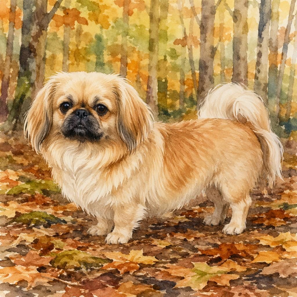 Watercolor portrait of a senior pekingese mix dog standing alone in an autumn forest with soft light and detailed fur.