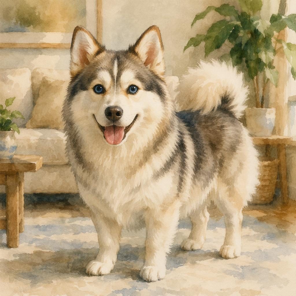Single pomsky-inspired hybrid dog with fluffy coat resting in a cozy living room, watercolor style, soft natural light
