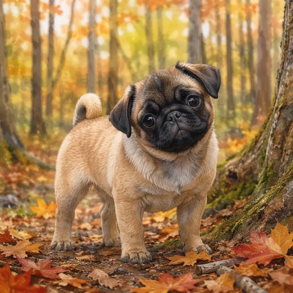 Watercolor-style single mixed-breed dog in an autumn forest, relaxed and friendly, with realistic fur and soft light.