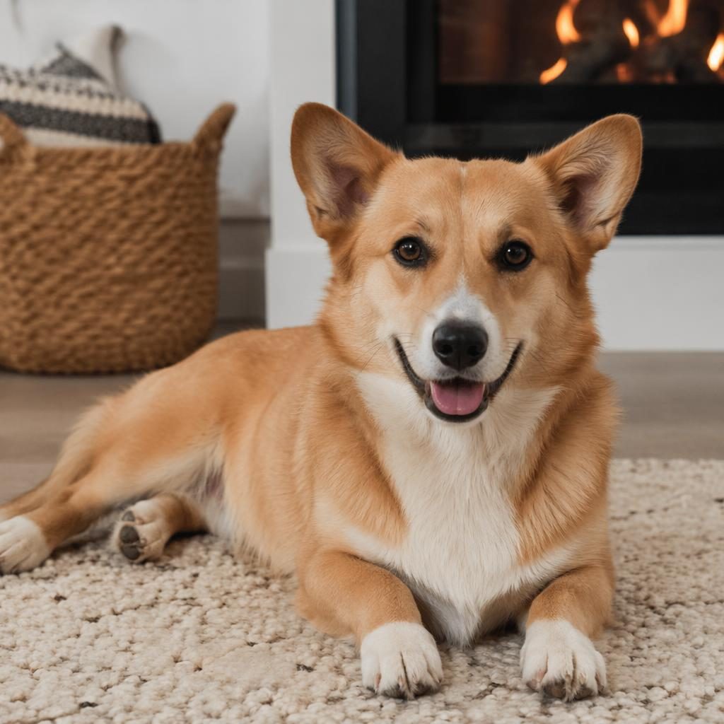 Editorial portrait of a single friendly dog in a cosy living room with soft natural light and sharp fur detail
