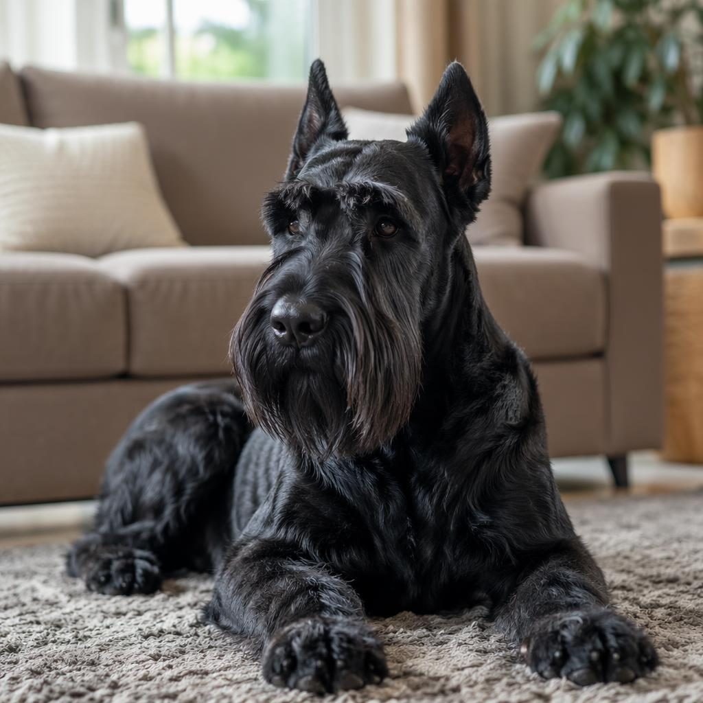 Ein einzelner realistischer Mischlingshund mit ruhigem Blick in einem gemütlichen Wohnzimmer bei weichem Tageslicht.