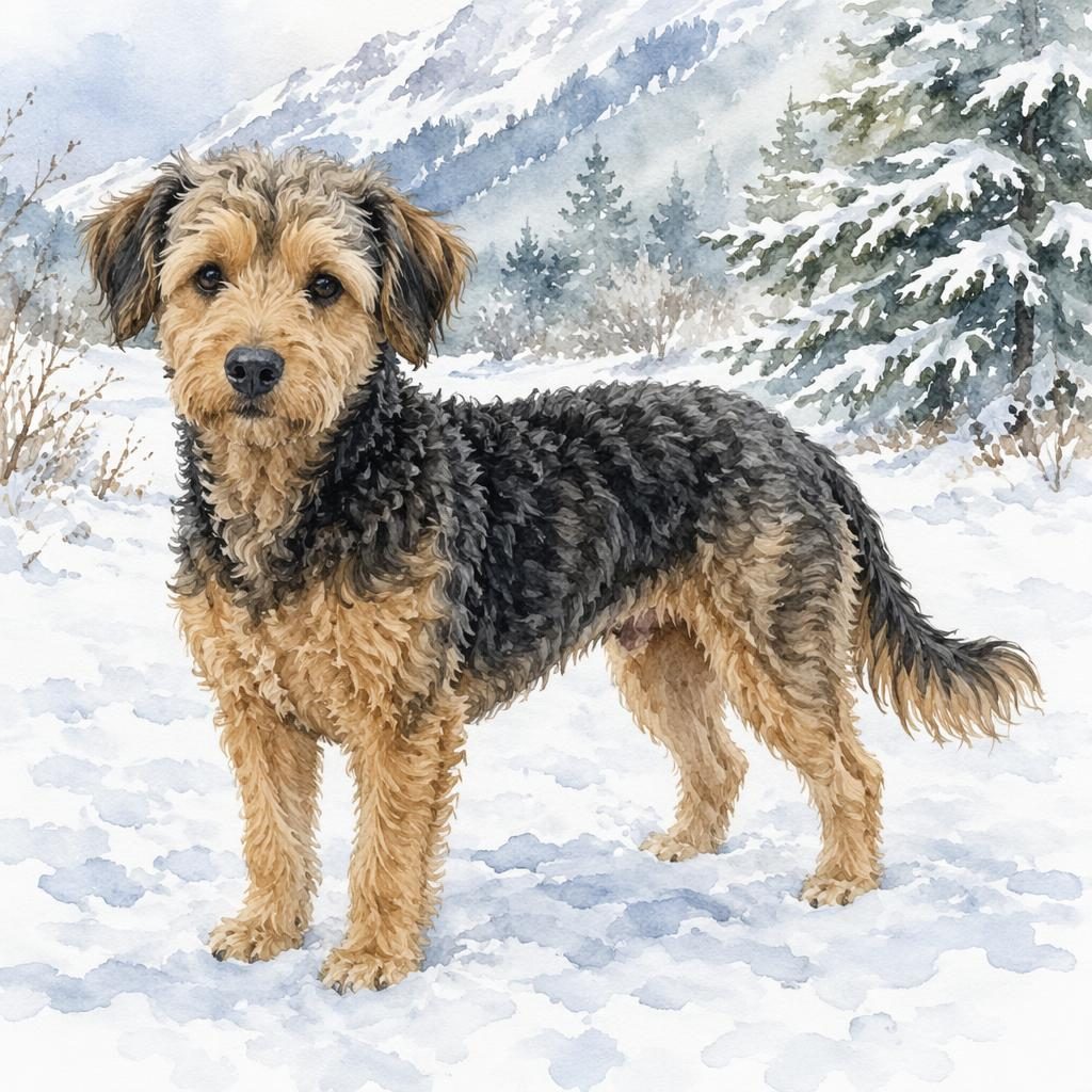 Ein einzelner erwachsener Hundemischling im Aquarellstil steht entspannt in einer verschneiten Landschaft, weich beleuchtet.