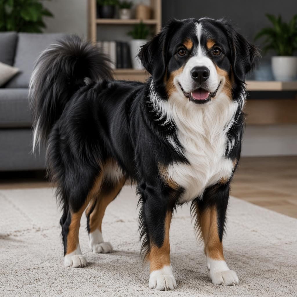 Junger Hundemix aus Alaskan Malamute und Malteser als Editorial-Porträt im gemütlichen Wohnzimmer, entspannt und gepflegt