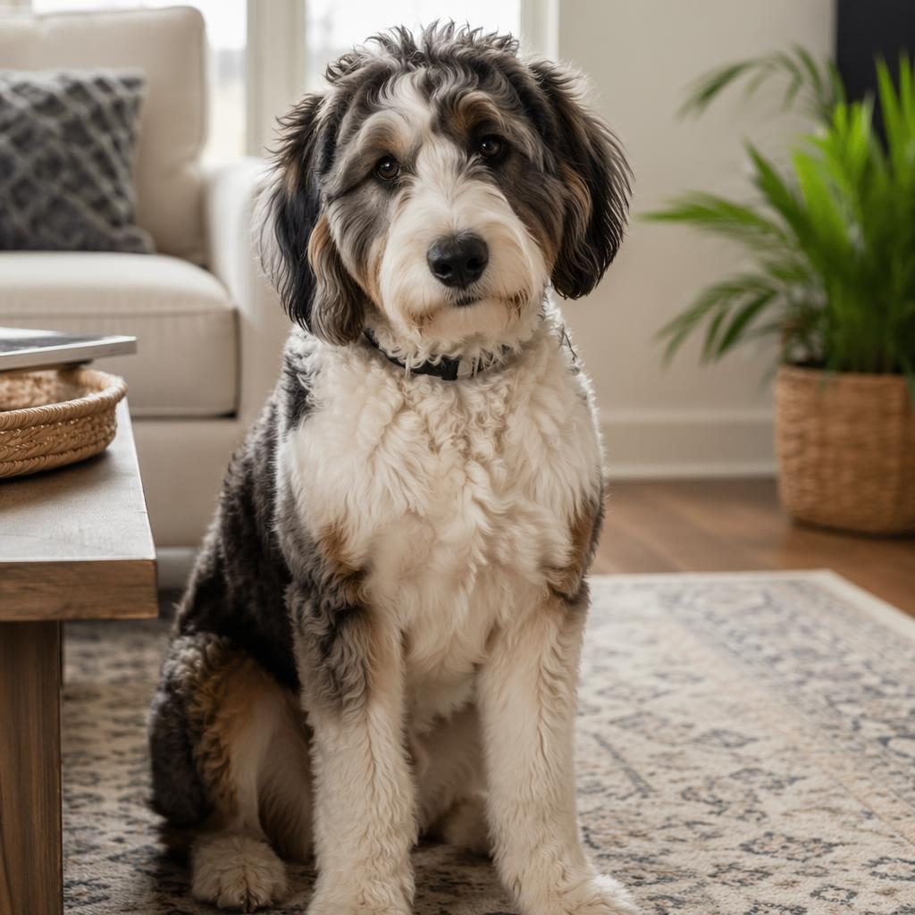 Single young adult hybrid dog with fluffy coat, relaxed expression, in a cozy living room with soft natural light.