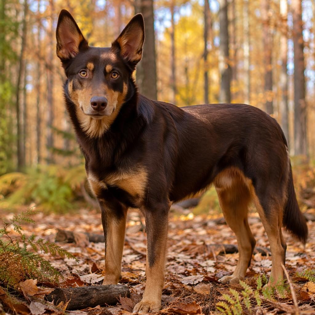 Senior mixed-breed dog with Shiba Inu and Beagle traits standing in an autumn forest, relaxed and well-groomed