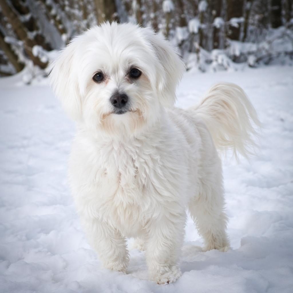 Ein einzelner erwachsener Mischlingshund im Schnee, freundlich und entspannt, mit gepflegtem Fell und natürlichem Licht.