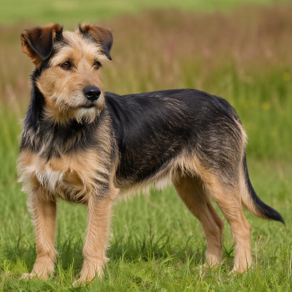 Illustration of a single friendly lurcher crossbreed dog standing in a grass meadow in soft natural light.