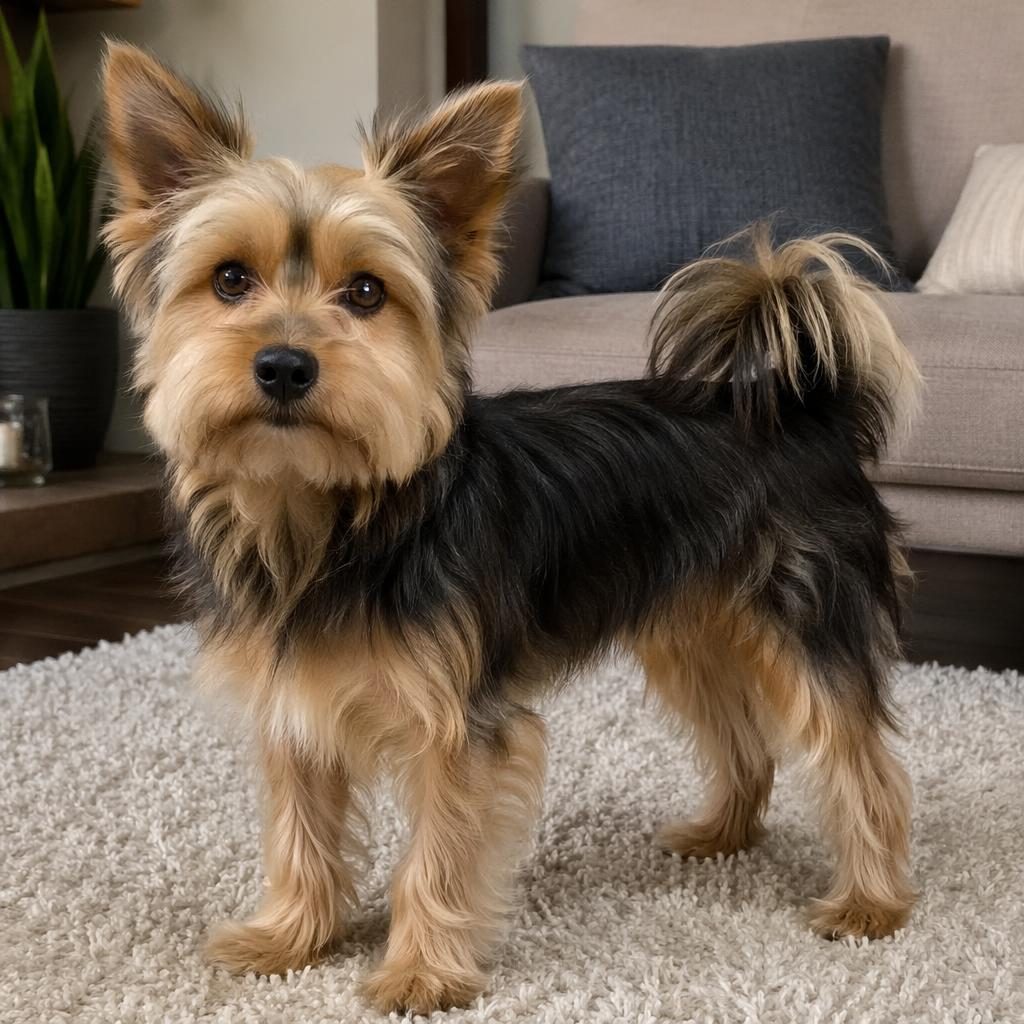 Studio-style photo of a single relaxed hybrid dog in a cozy living room with soft light, realistic fur, and sharp focus.