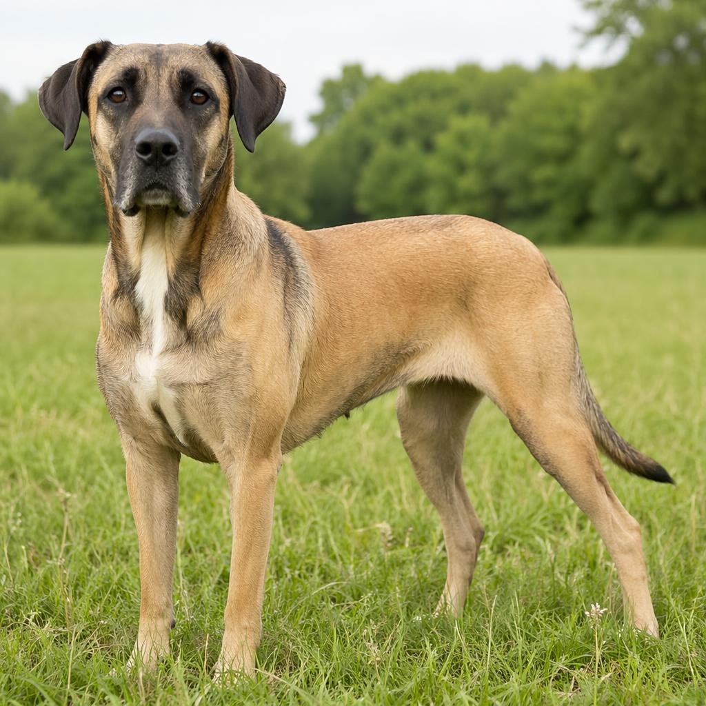 Single senior mixed-breed dog in a grass meadow, with soft natural light, floppy ears, and realistic well-groomed fur.