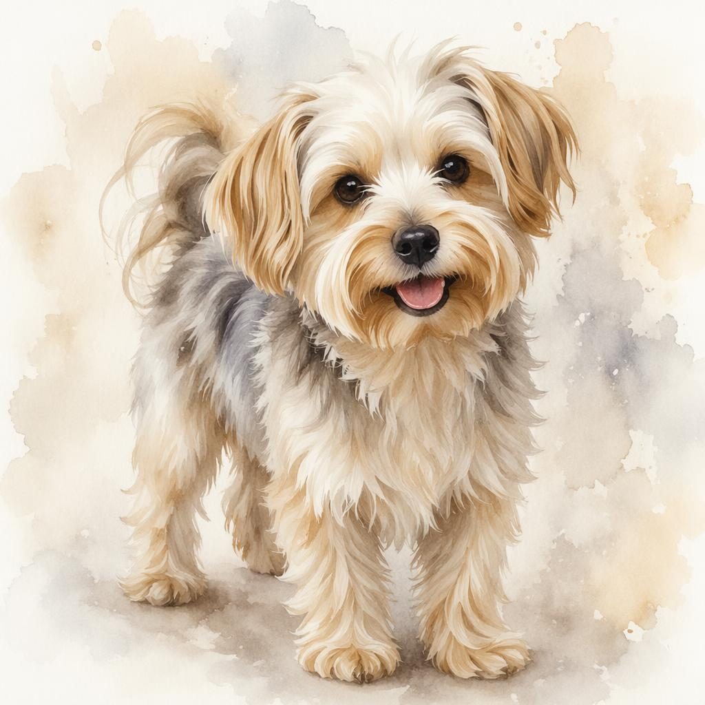 Watercolor portrait of a single small dog with soft fur, relaxed expression, neutral background, and natural light.