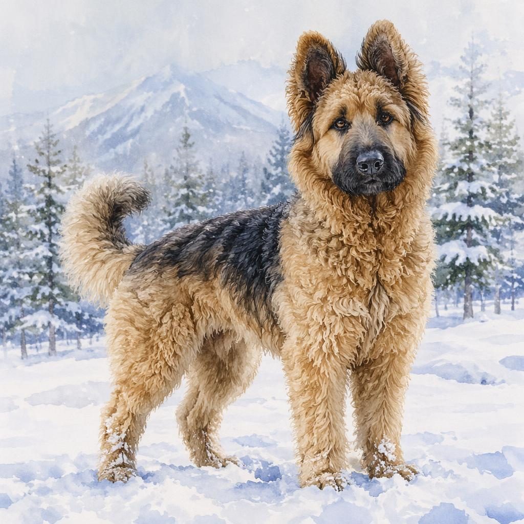 Watercolor-style portrait of a single saint shepherd dog with realistic fur, relaxed expression, and snowy backdrop.