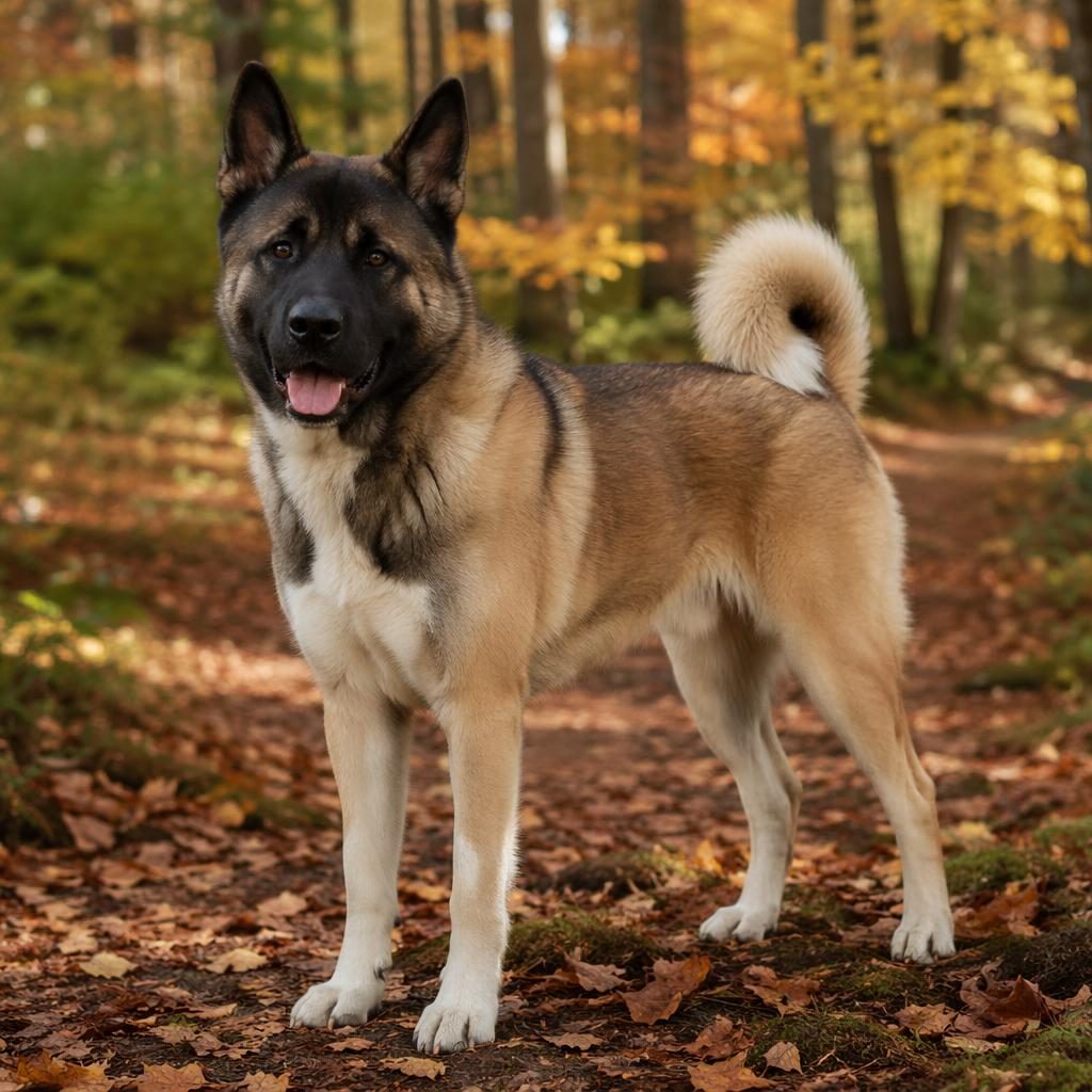 Ein einzelner junger Malinois-Akita-Mix mit gepflegtem Fell steht entspannt im herbstlichen Wald bei weichem Licht.
