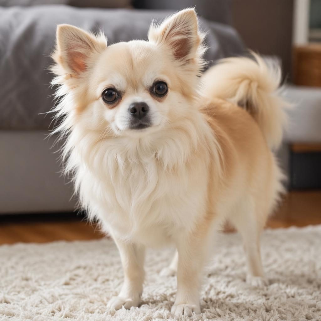 Chien senior type chiwawa croisé spitz, seul dans un salon cosy, poil réaliste, lumière douce, expression calme.
