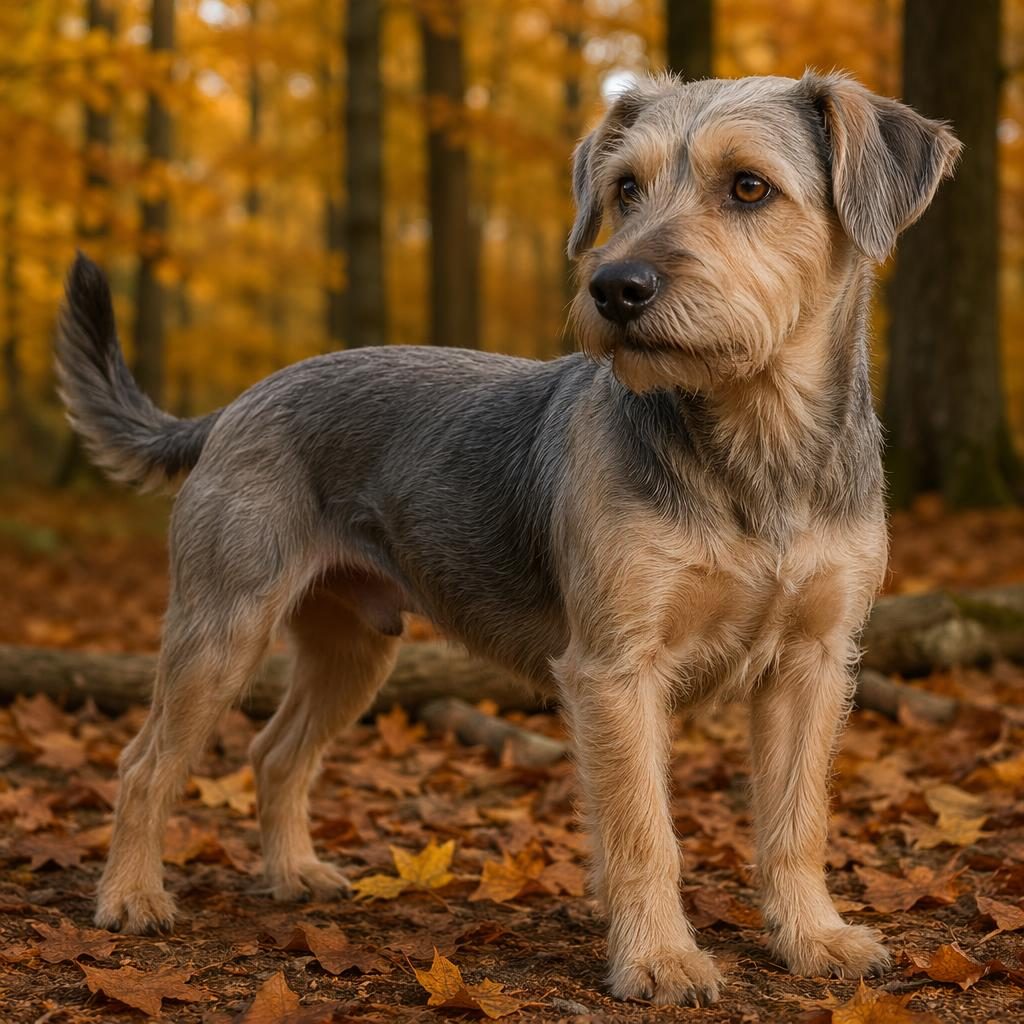 Ilustración realista de un perro mestizo joven en bosque otoñal, pelaje dorado, expresión amigable y luz natural suave.