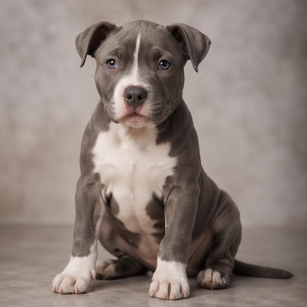 Photo-real pitbull greyhound mix puppy portrait on a soft neutral background with natural light and sharp fur detail.