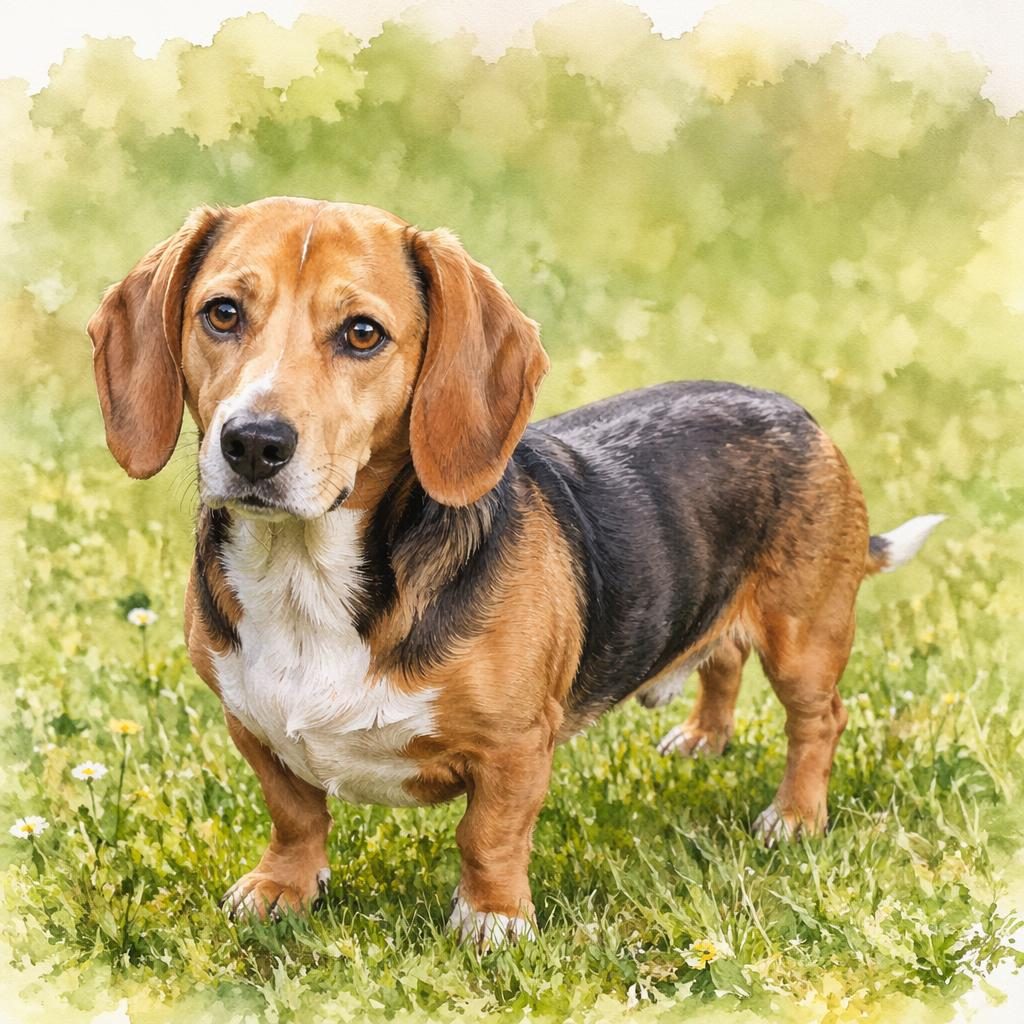 Senior Beagle-Dackel-Mix als Aquarell im Gras, freundlich, entspannt, mit weichem Licht und detailreicher Fellstruktur