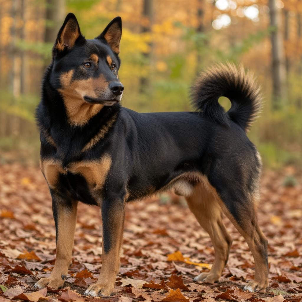 Mladý dospělý kříženec rotvajlera a shiba inu v podzimním lese, klidný výraz, měkké světlo, realistická srst.