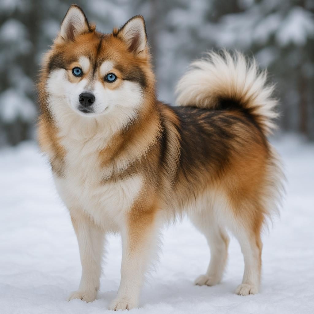 Chien pomsky renard adulte, seul, pelage rare, expression détendue, rendu photo réaliste sur décor enneigé