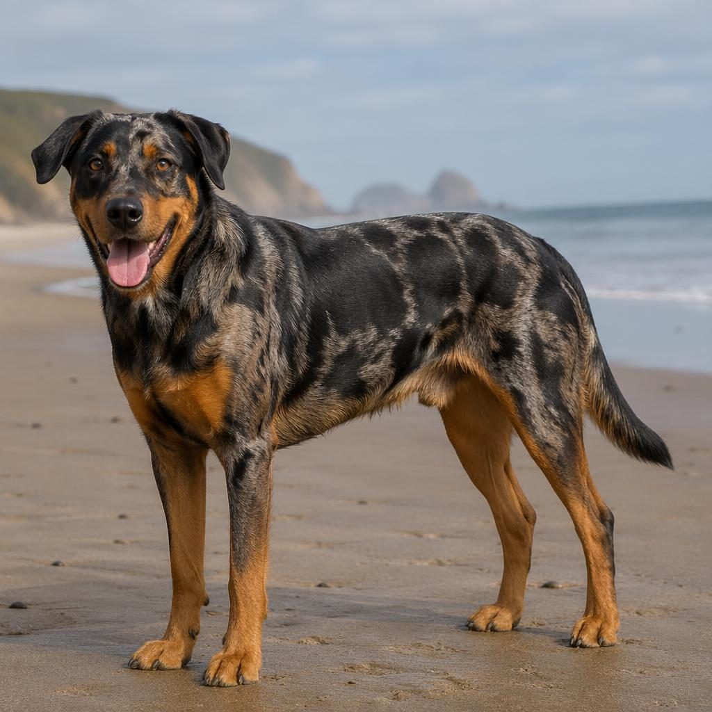 Ein einzelner erwachsener Dobermann-Rottweiler-Mix steht entspannt am Strand bei weichem Naturlicht.