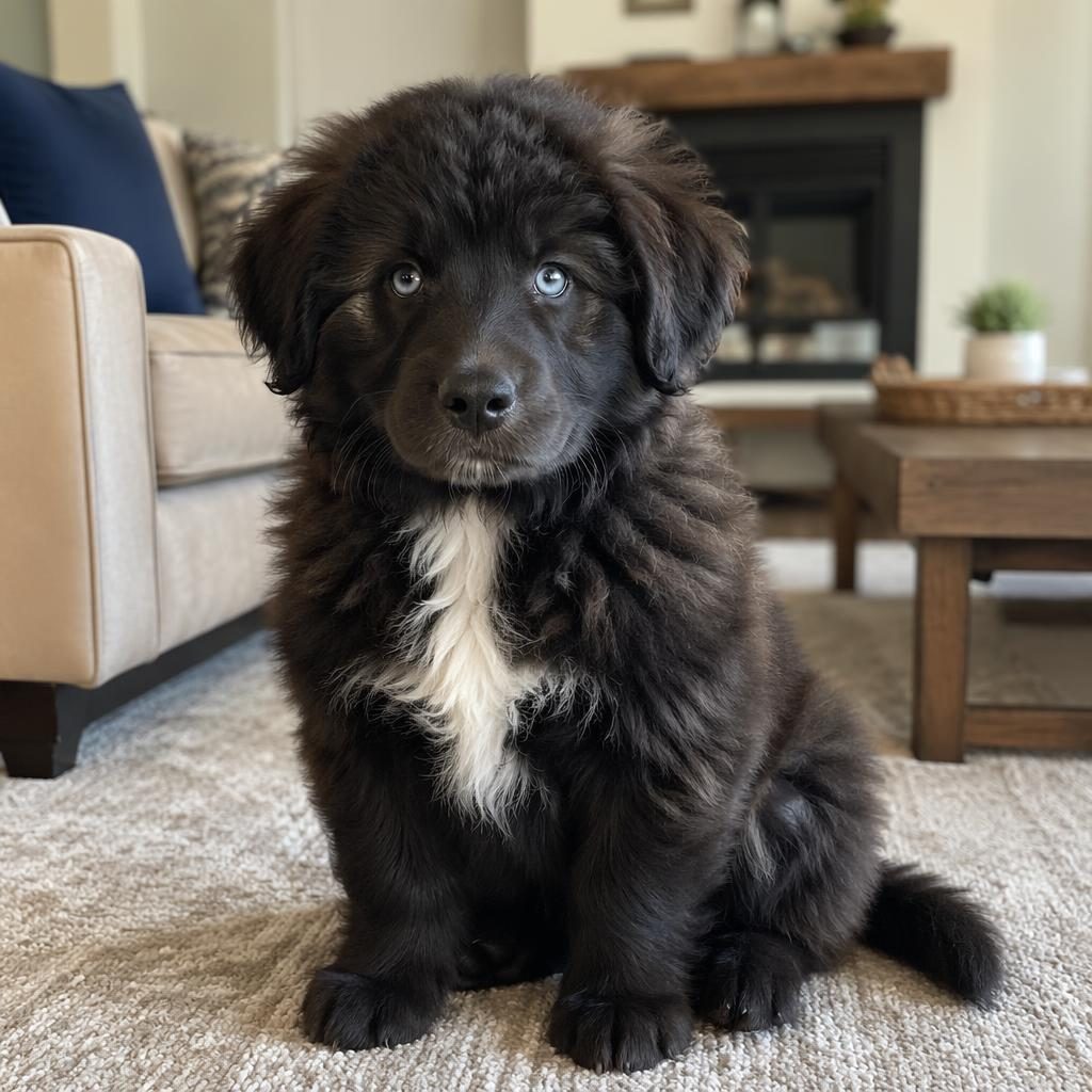 Single relaxed hybrid dog with Dachshund and Golden Retriever traits in a cozy living room, soft natural light