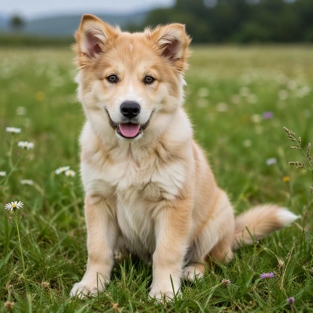 Photorealistic golden retriever husky mix puppy standing in a grassy meadow with soft golden-white fur and husky mask