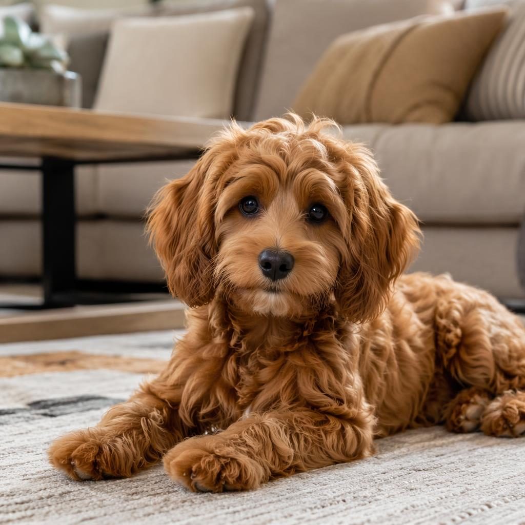 Editorial portrait of a single young adult hybrid dog in a cozy living room, relaxed, well-groomed, with soft natural light.