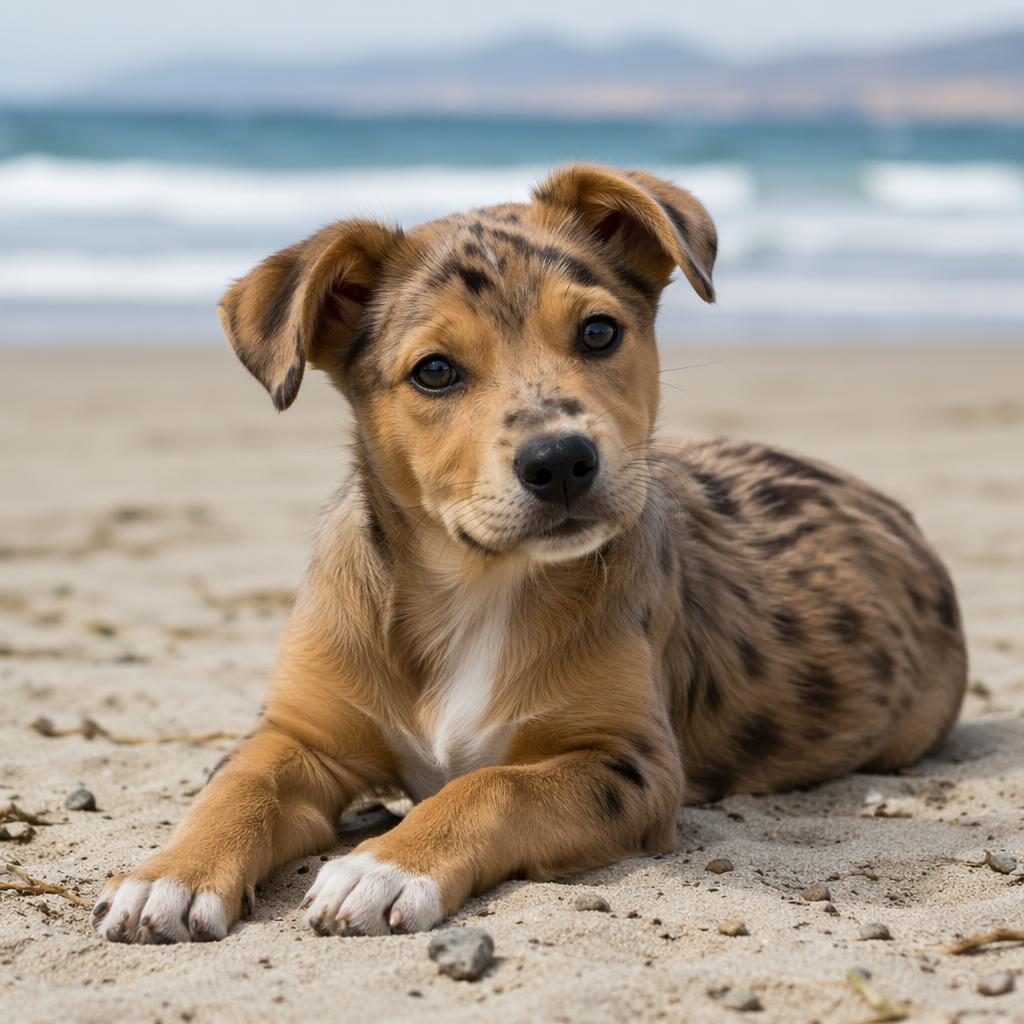 Editorial beach portrait of a single wauzer puppy with realistic fur, relaxed expression, soft light, and sharp focus.