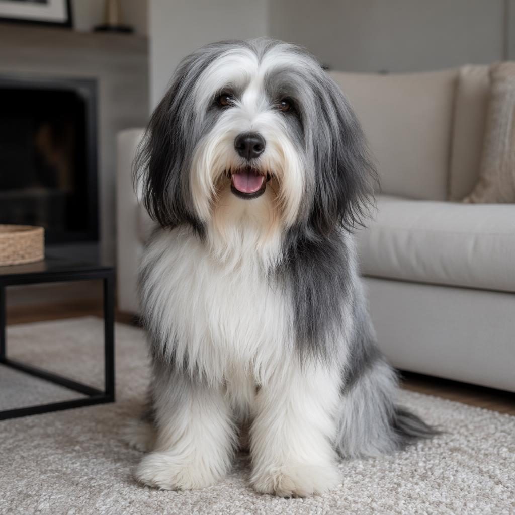 Ein einzelner junger bearded collie mischling entspannt im gemütlichen Wohnzimmer bei weichem Tageslicht.