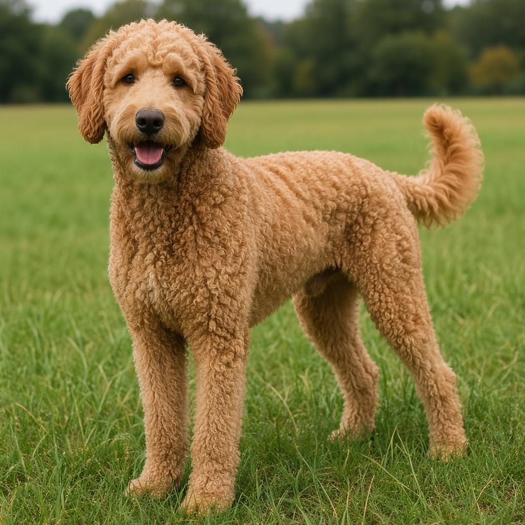 Single young adult hybrid dog in a grass meadow, studio-style portrait with soft light, relaxed pose, sharp fur detail.