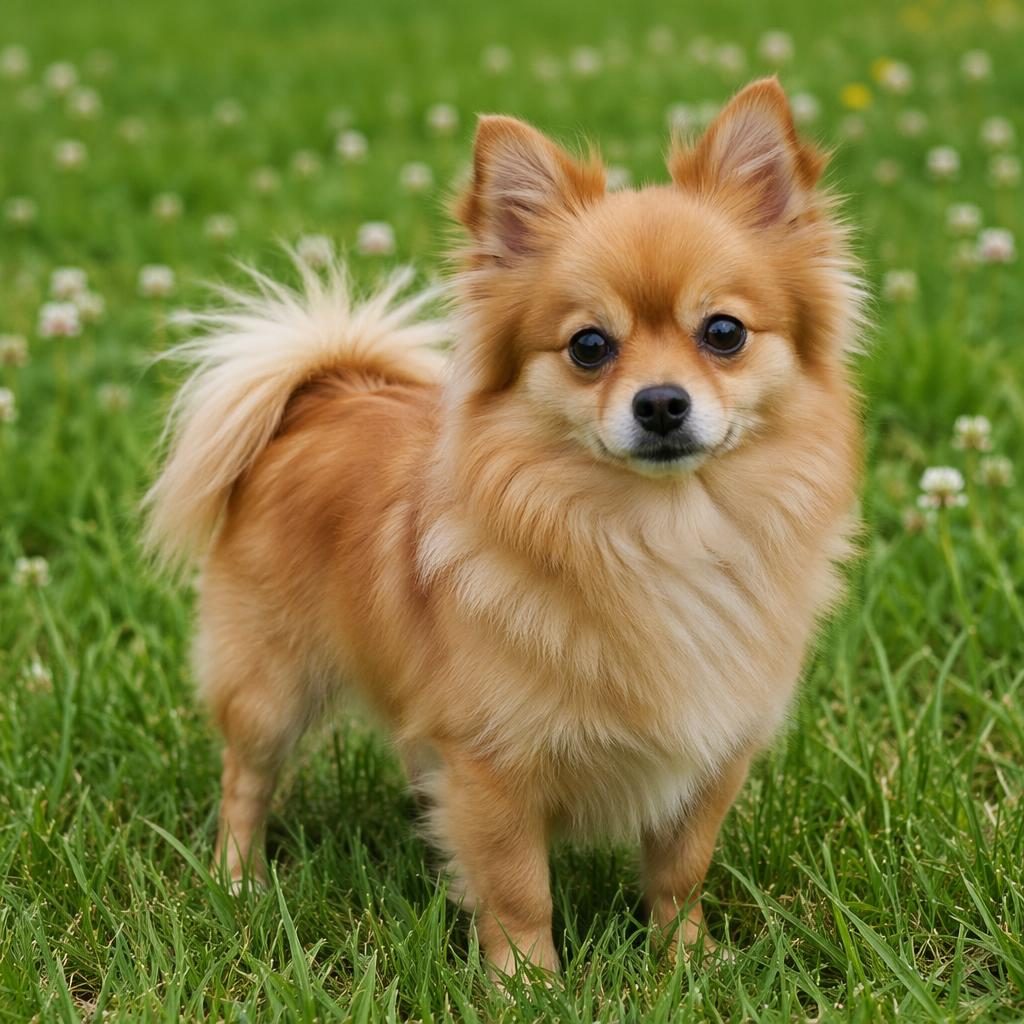 Mały piesek, mix pomeraniana i chihuahua, stoi na trawiastej łące w miękkim naturalnym świetle.