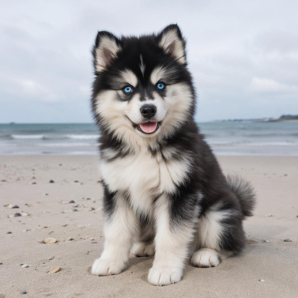 Cachorro mestizo estilo rottweiler y shiba inu en playa, foto de estudio con luz natural suave y pelaje realista