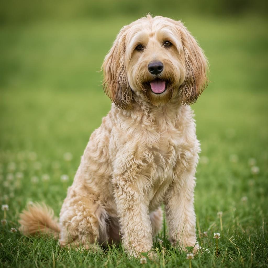 Chien senior seul en prairie, style studio, pelage réaliste, expression calme, lumière naturelle douce, mise au point nette