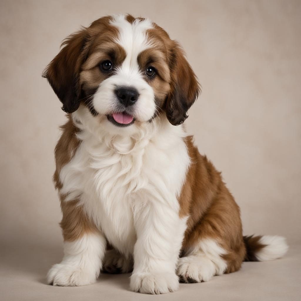 Studiofoto eines Shih Tzu Jack Russell Mischlingswelpen vor weichem neutralem Hintergrund, entspannt, gepflegt, fotorealistisch