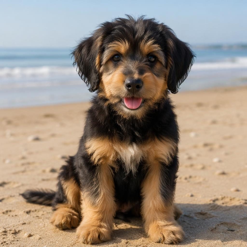 Fotorealistische Illustration eines einzelnen freundlichen Hundewelpen am Strand mit weichem Licht und detailreichem Fell.