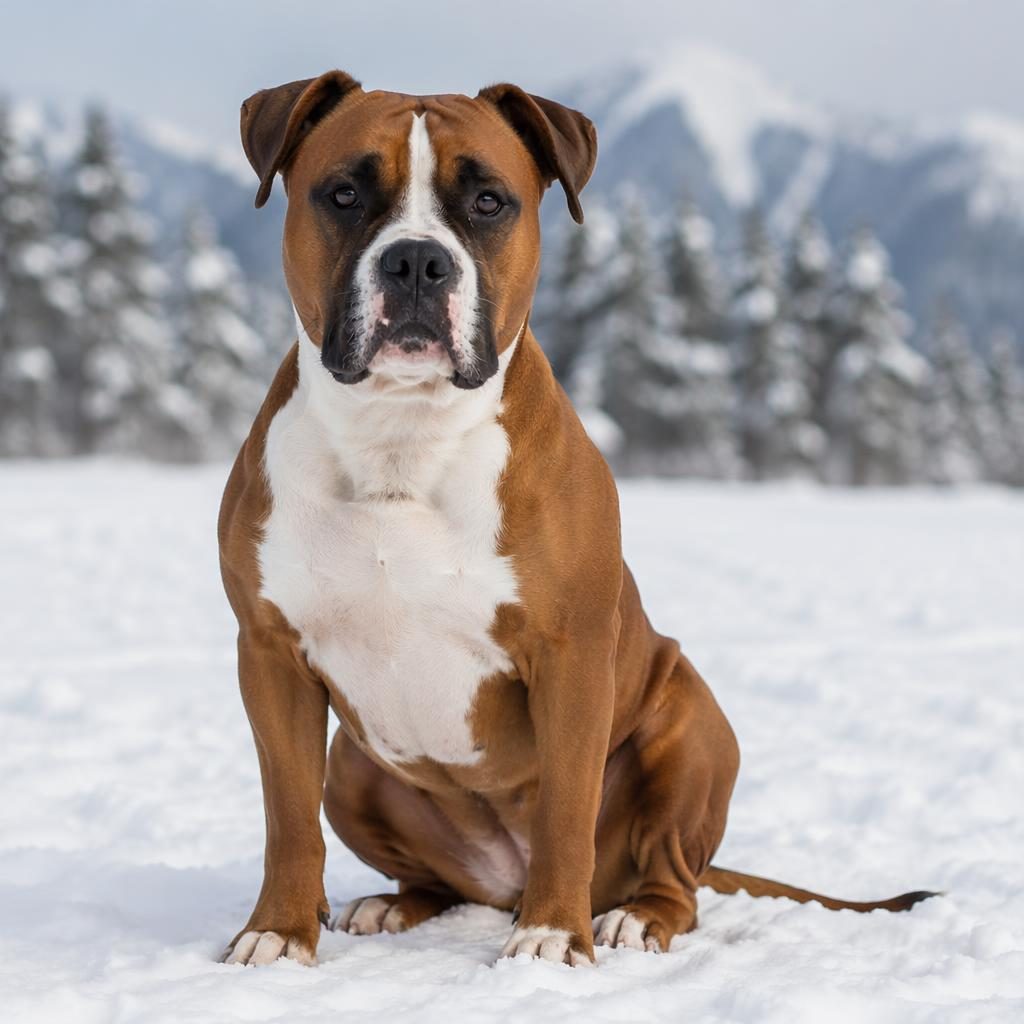 Single realistic mixed-breed dog in snowy studio setting, relaxed and friendly, with sharp fur detail and soft light.