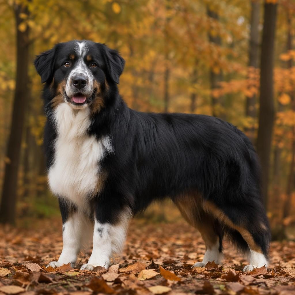Ein einzelner realistischer Hundemix im Studio-Look vor Herbstwaldkulisse, freundlich, gepflegt und scharf fokussiert.