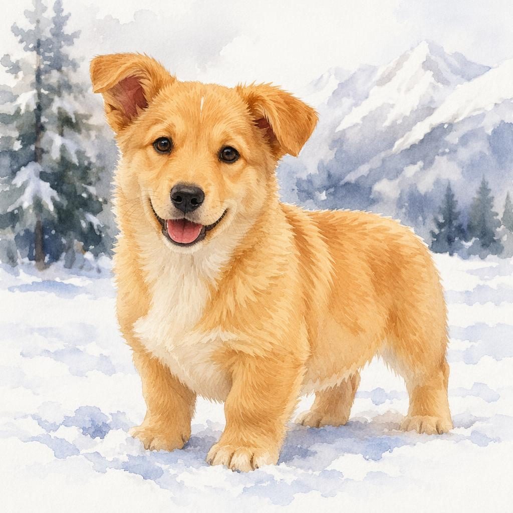 Watercolor-style corgi lab puppy standing in a snowy landscape with soft light, fluffy fur, short legs, and a relaxed face.