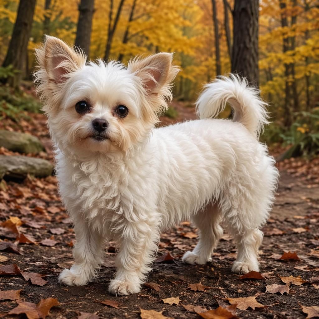 Chien seul type bichon croisé chihuahua adulte, style aquarelle, en forêt d’automne, pelage doux et expression calme.