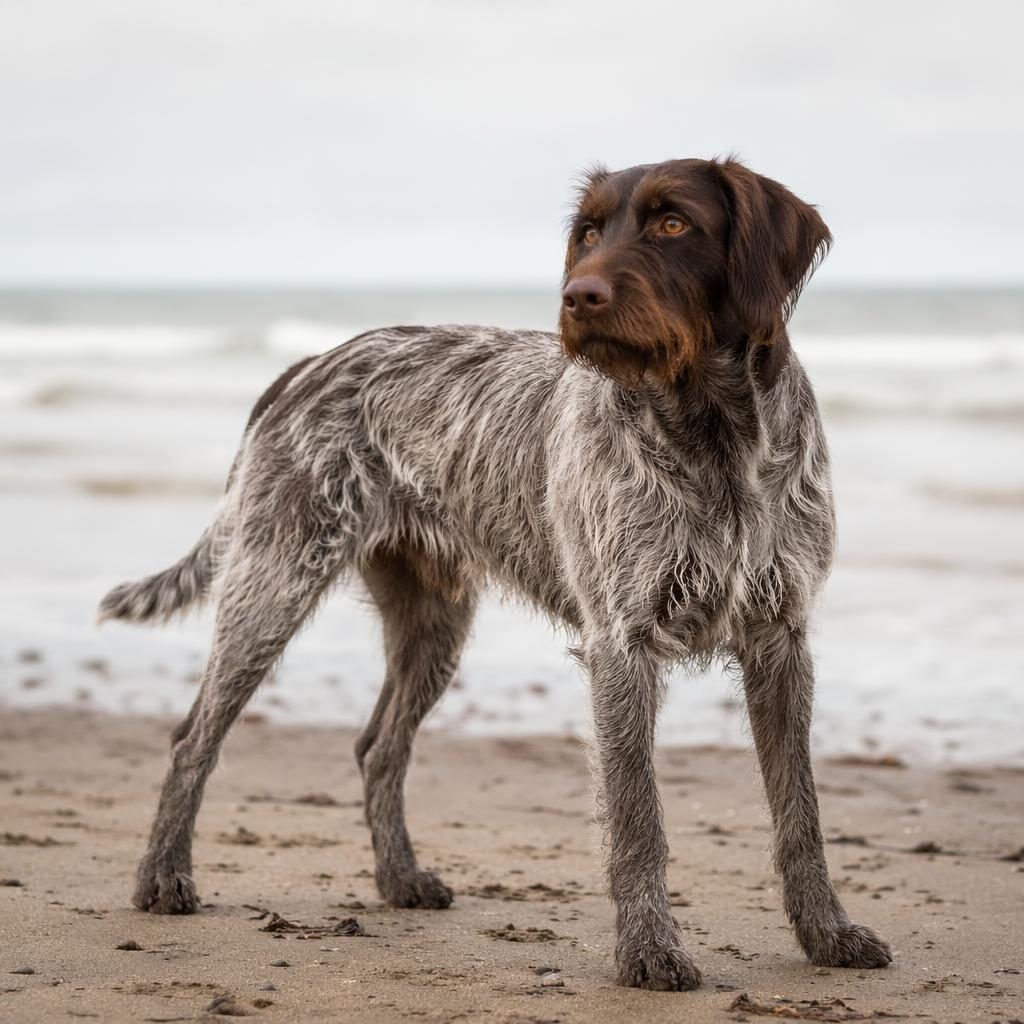 Ein einzelner erwachsener Hundemischling mit weichem Fell, langen Ohren und freundlichem Blick am Strand.