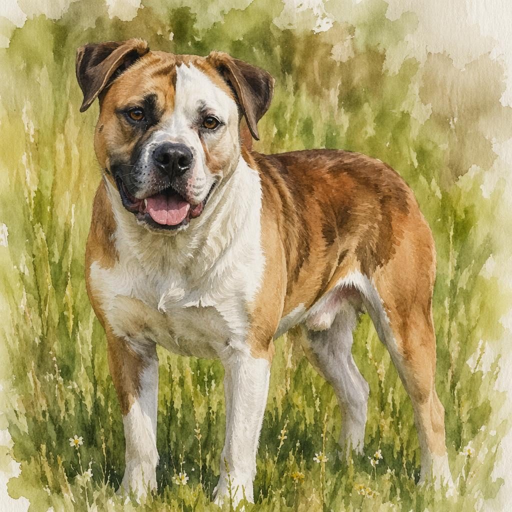 Watercolor-style single bull dog cross breed standing in a grass meadow with relaxed expression and soft light