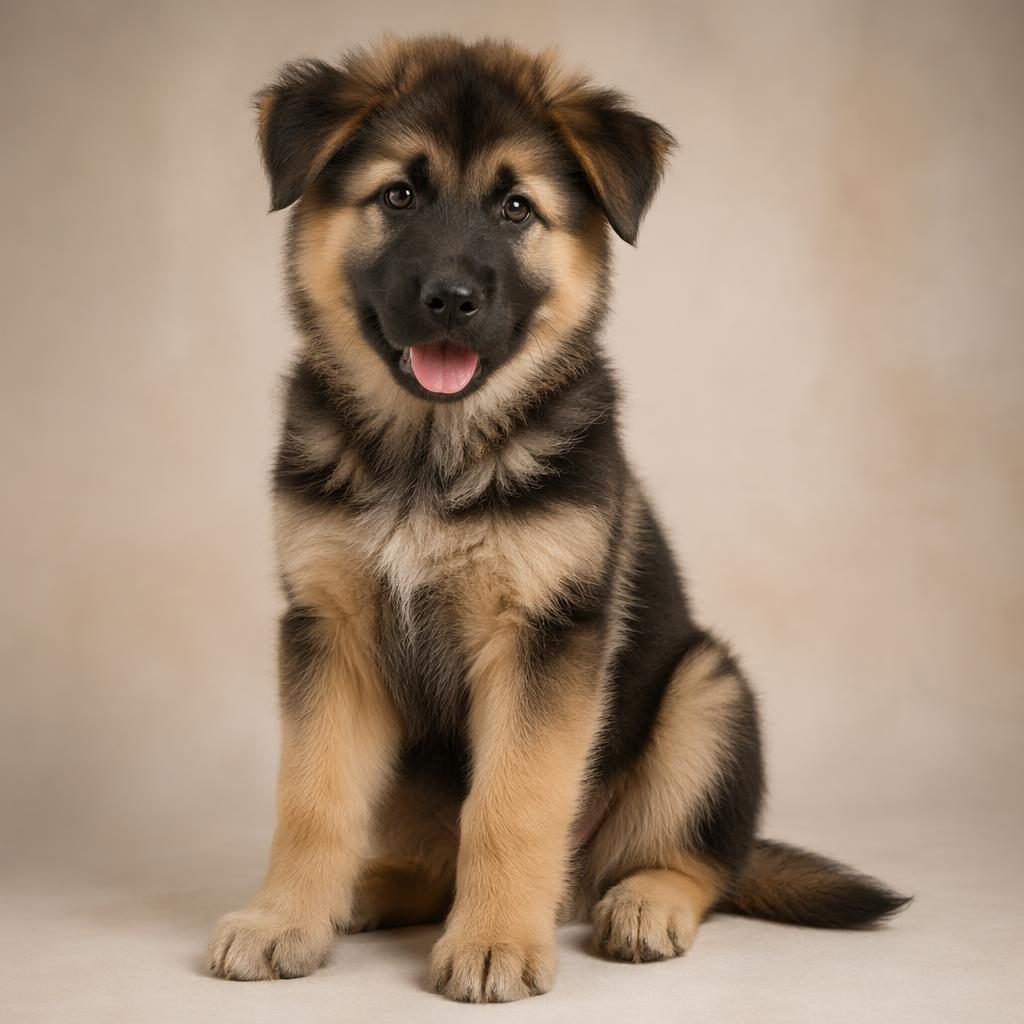 Photo-real illustration of a friendly german sheppit puppy with soft fur, relaxed pose, and neutral background.