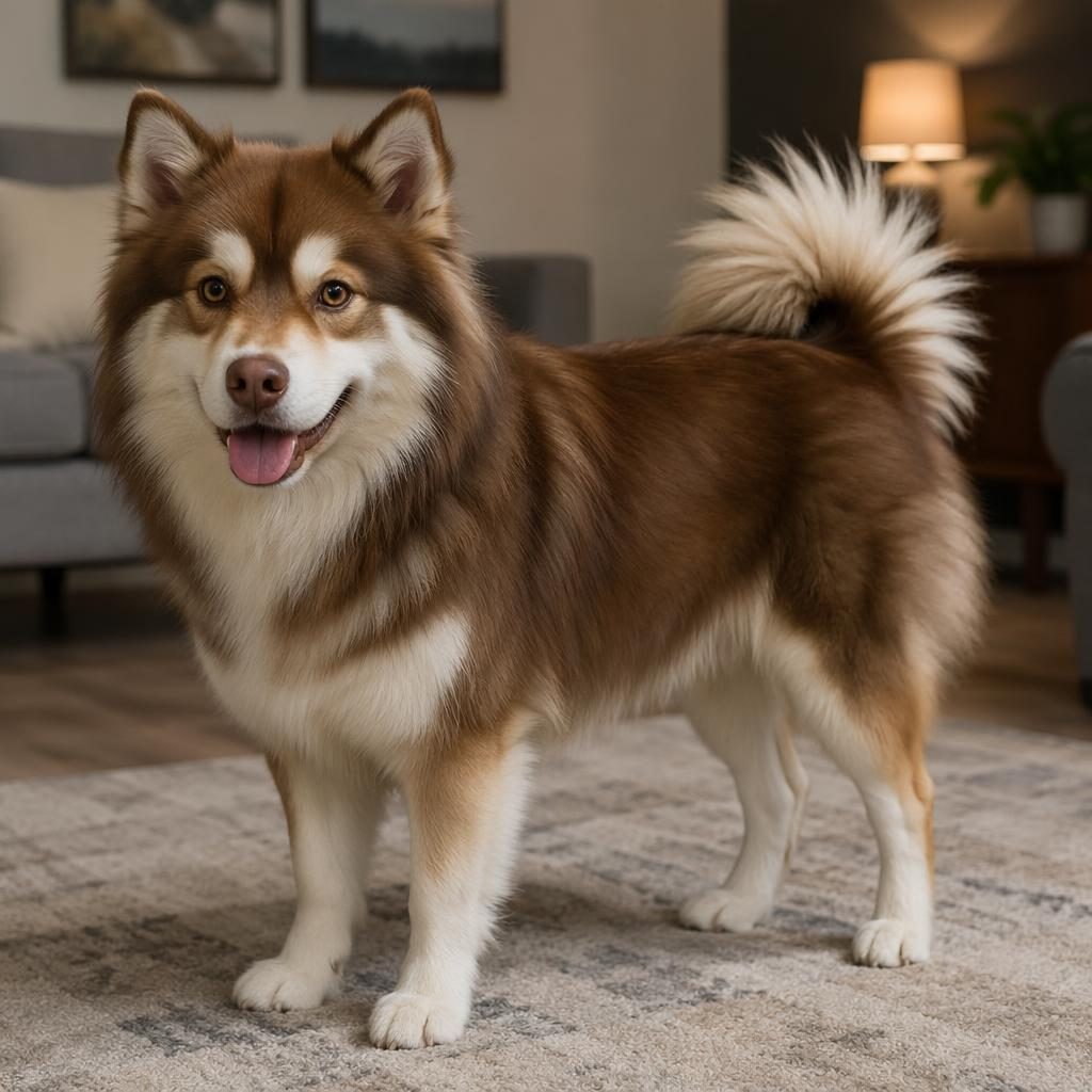 Chien unique pomsky marron, jeune adulte, pelage réaliste, expression détendue, dans un salon cosy éclairé naturellement.
